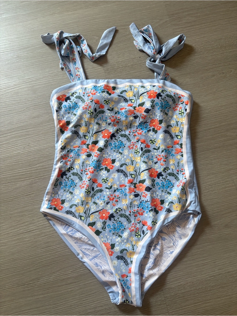 Floral Tie-Shoulder One-Piece Swimsuit - Light Blue